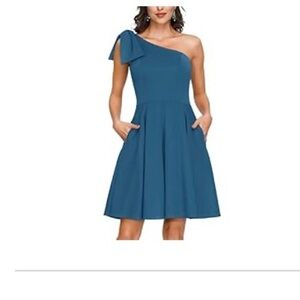 JASAMBAC Women's Bow One Shoulder Dress with Pockets A-line Cocktail Party Dress